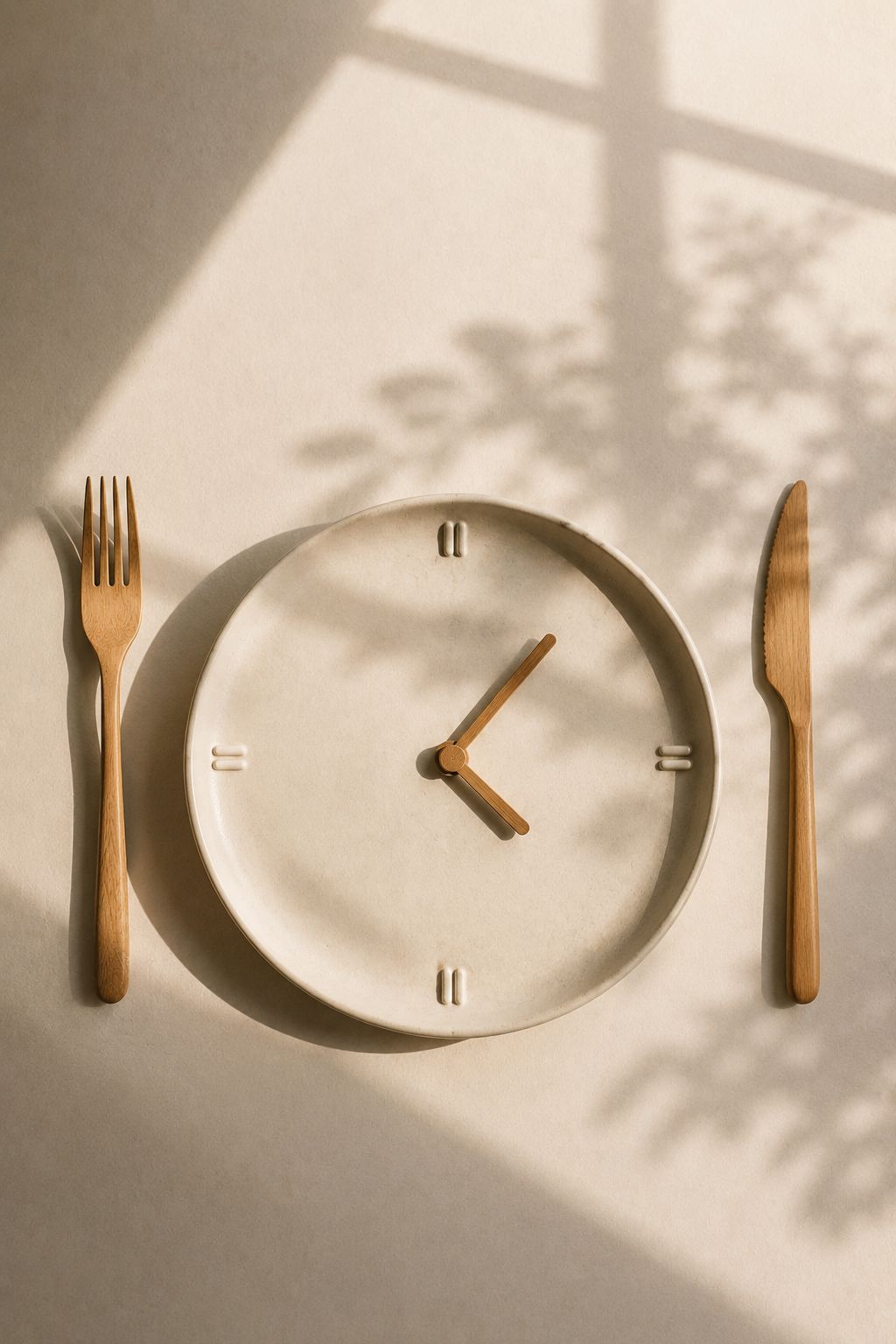 An empty plate styled as a clock face, cutlery set aside