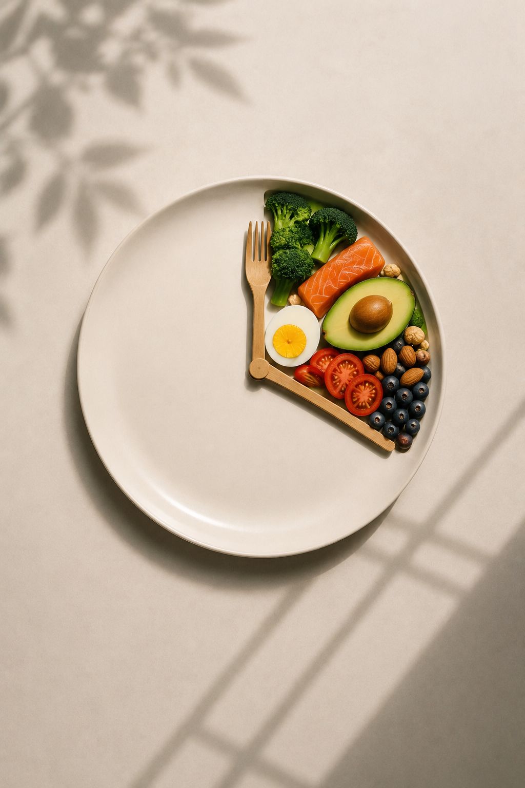 A plate-clock with food filling one wedge between the fork hands
