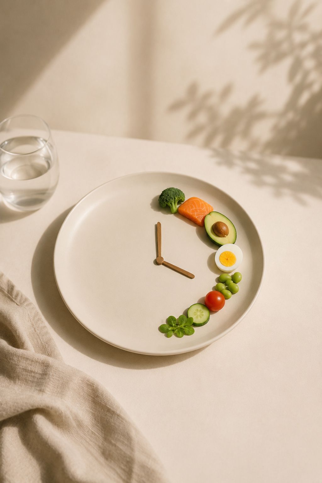 Food arranged along the rim of a plate-clock from noon to five